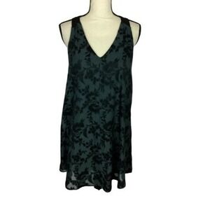 ASTR the Label Teal Black Floral Burnout V-Neck Mini Dress LARGE